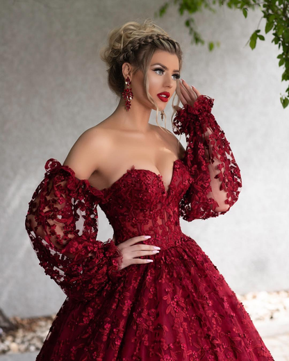 Dark Red Lace Beaded Prom Dresses Off The Shoulder Long Sleeves Formal Dress Floor Length A Line Plus Size Evening Gowns Y766