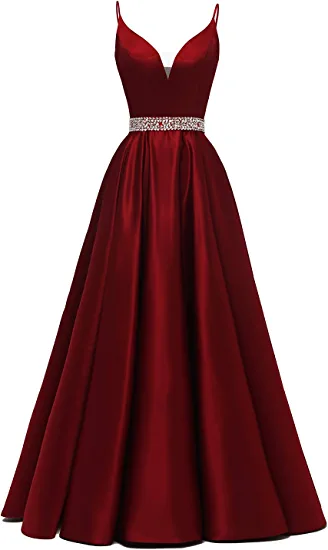 A-line Spaghetti Straps V Neck Prom Dress,Burgundy Satin Evening Dress Y1272