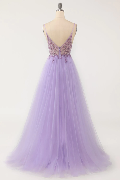 Sexy Purple V Neck Beaded Tulle Long Prom Dress,Graduation Dress Y1348