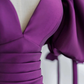 Purple Puff Sleeves Satin Long Prom Dress, V-Neck Evening Dress Y856
