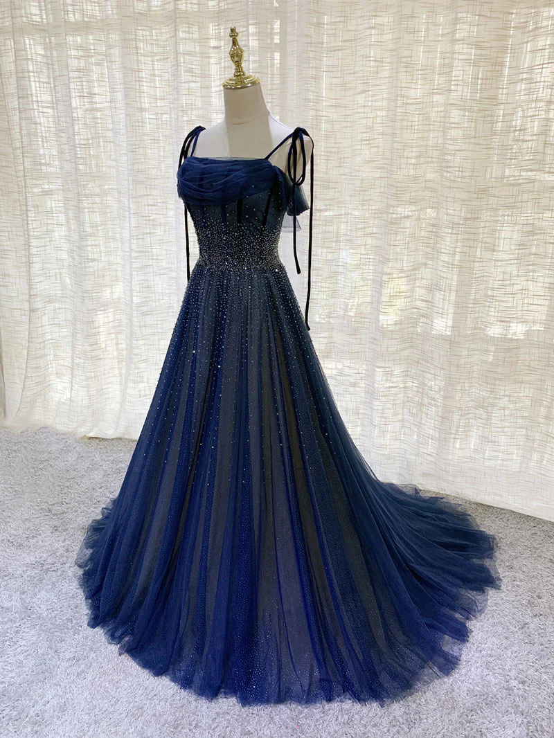 Dark Blue Tulle Sequin Long Prom Dress, Dark Blue Tulle Formal Dress Y523