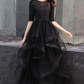 Black round neck tulle lace long prom dress, black formal dress Y255