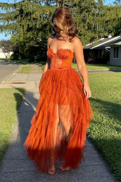 Gorgeous Sweetheart Rust Tiered Long Prom Dress with Slit Y455