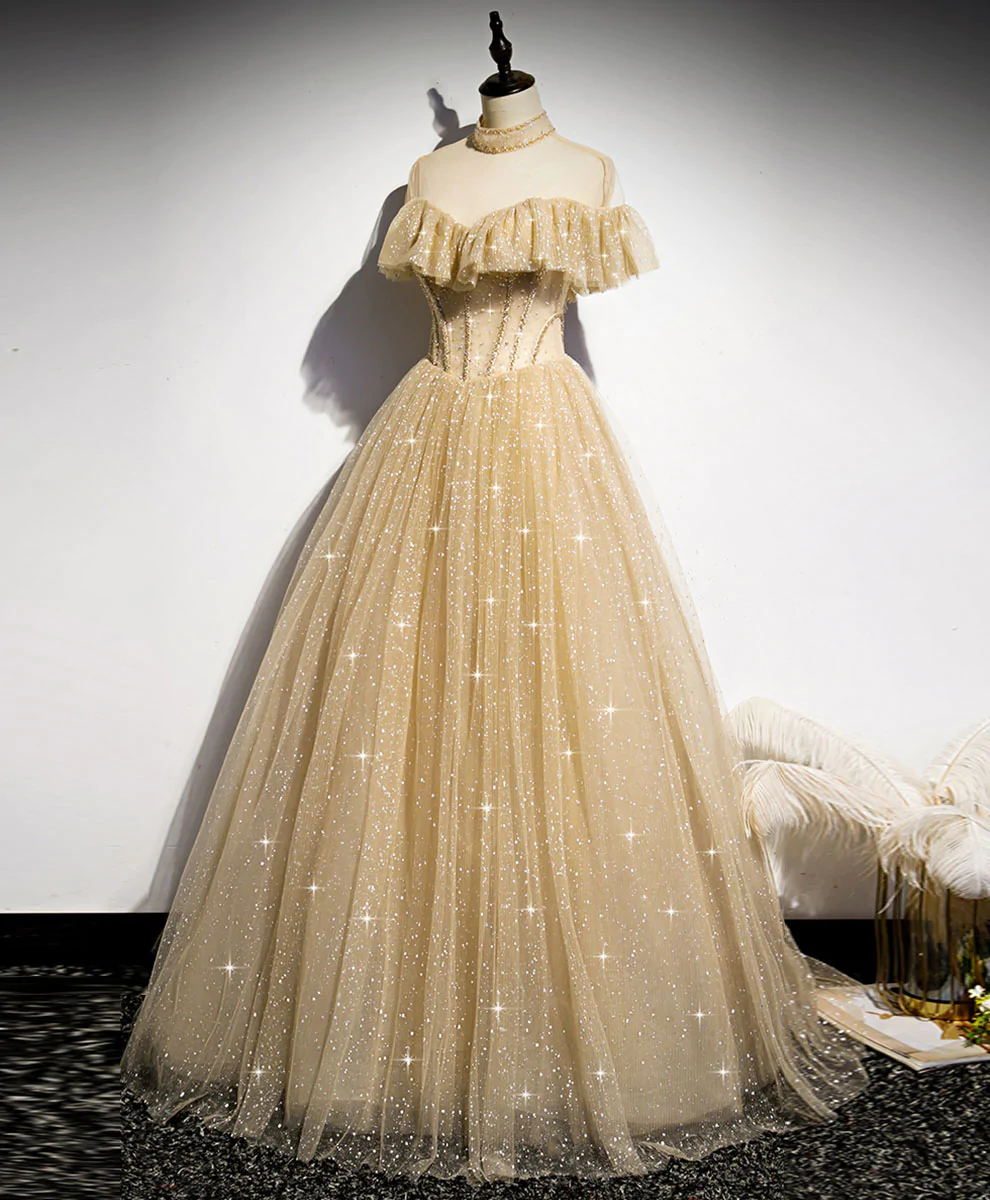 Champagne Long Prom Dress, A-line Champagne Graduation Dress with Beading Y1122
