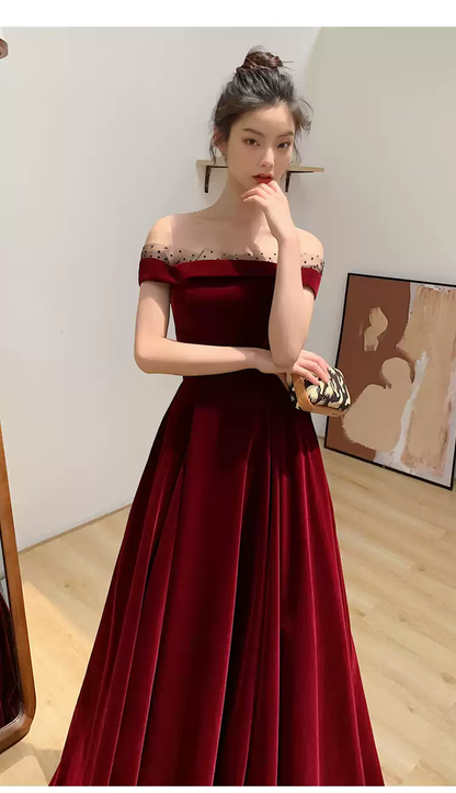 Burgundy Velvet Long Prom Dresses, A-Line Evening Dresses Y1173