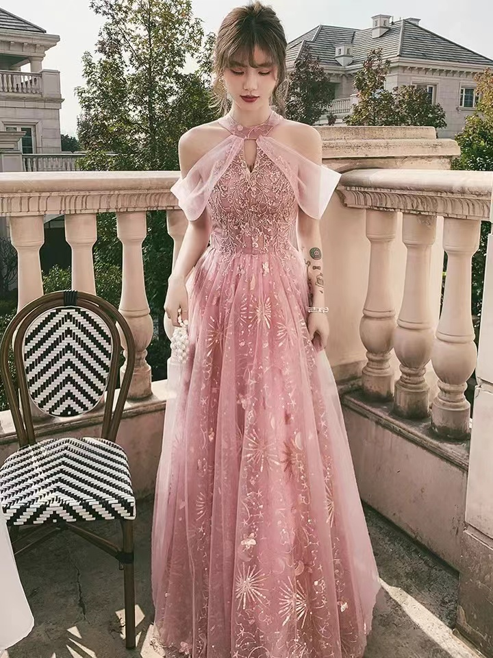 Pink party dress, halter neck prom dress, sweet fairy evening dress Y1918