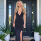 Deep V Neck Floor Length Black Prom Dress Sheath/Column Formal Gown Y127