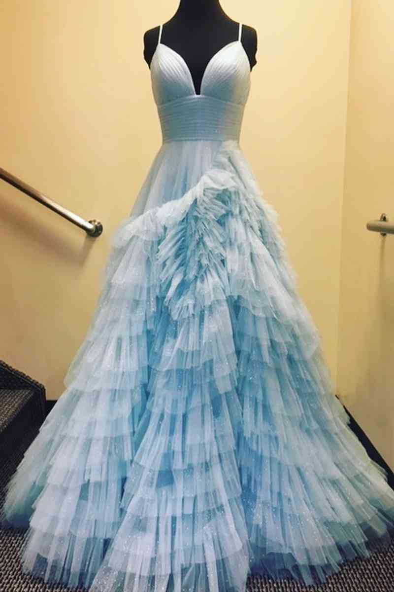 Princess Pink Strappy Frill-Layered A-Line Long Prom Dress Y1873