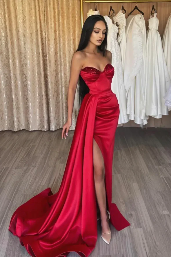 Red satin sequins long prom dress red evening dress  Y82