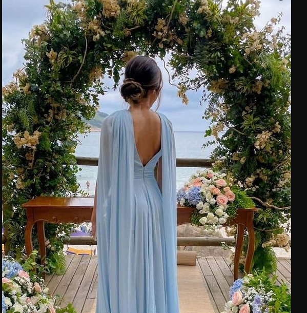 Simple Sky Blue A-line V-neck Chiffon Long Bridesmaid Dresses,Elegant Prom Dress Y1069