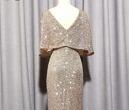 Mermaid Short Sleeves Sexy V Neck Evening Dress, Elegant Glitter Bat Sleeves Formal Party Dress Y1390
