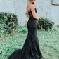 Black tulle lace mermaid long prom dress, black tulle lace evening dress Y1788