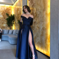 Off The Shoulder Navy Blue Satin Long Prom Dress Y454