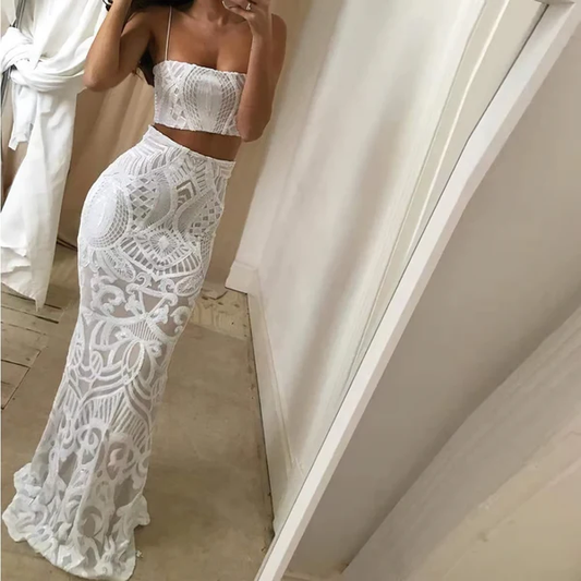 White Two Pieces Mermaid Wedding Dress Sexy Beach Wedding Dress Y1386