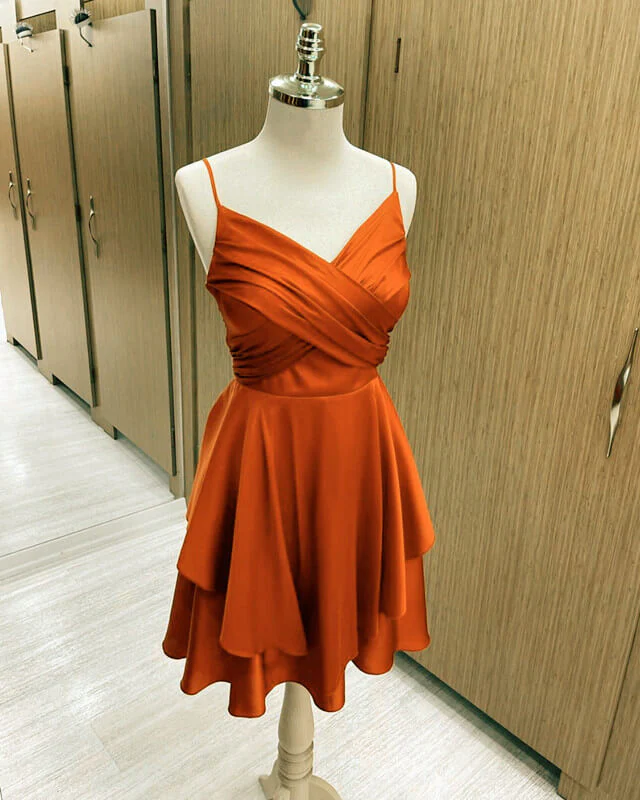 Short Burnt Orange Satin Cocktail Dresses V-neck Semi Formal Dress,Hom – Simplepromdress