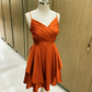 Short Burnt Orange Satin Cocktail Dresses V-neck Semi Formal Dress,Homecoming Dress  Y1457