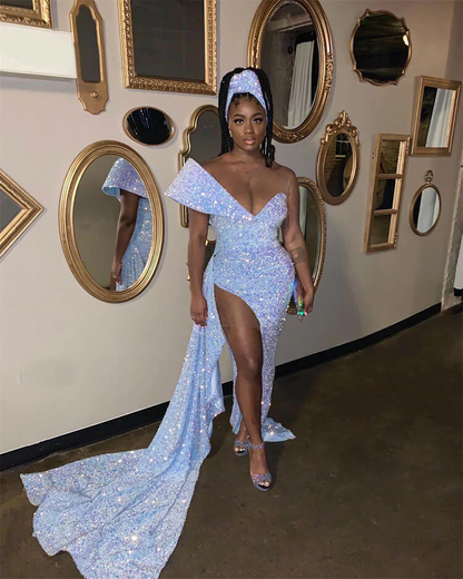 Sky Blue Sequin Prom Dresses For Black Girls,Mermaid Birthday Dress Se – Simplepromdress