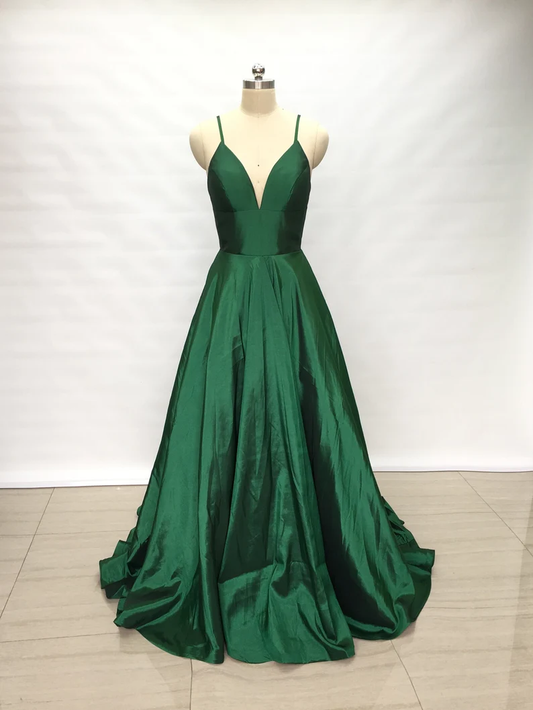 Spaghetti Straps Emerald Green Taffeta Long Prom Dress Y1582