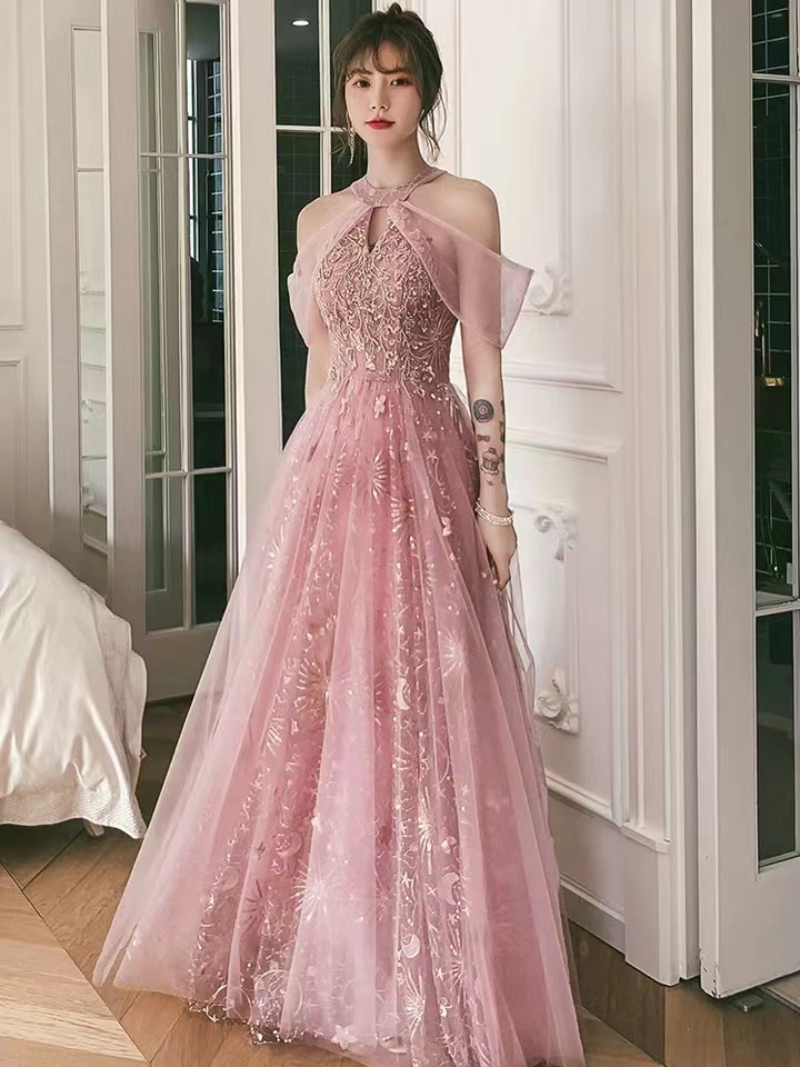 Pink party dress, halter neck prom dress, sweet fairy evening dress Y1918