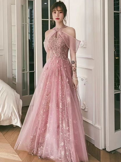 Pink party dress, halter neck prom dress, sweet fairy evening dress Y1918
