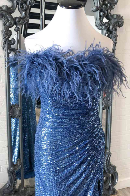 Sequins Blue Strapless Feather Long Prom Dress with Slit Y1863