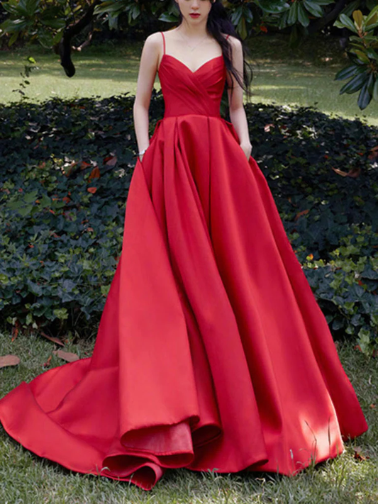 Spaghetti Straps V Neck Red Satin Prom Dresses, Red V Neck Satin Long Formal Graduation Dresses Y231