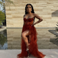 Sleeveless Lace Tulle Ruffle High Slit Plus Size Evening Dress Y42