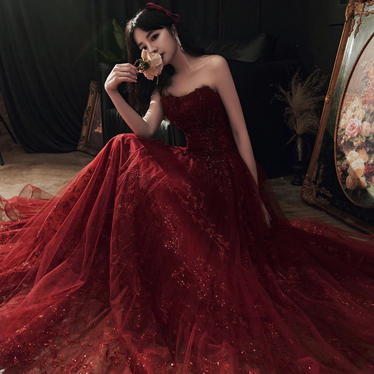 Wine Red Floral Lace and Tulle Long Evening Gown Party Dress, Burgundy Formal Dresses Y1661