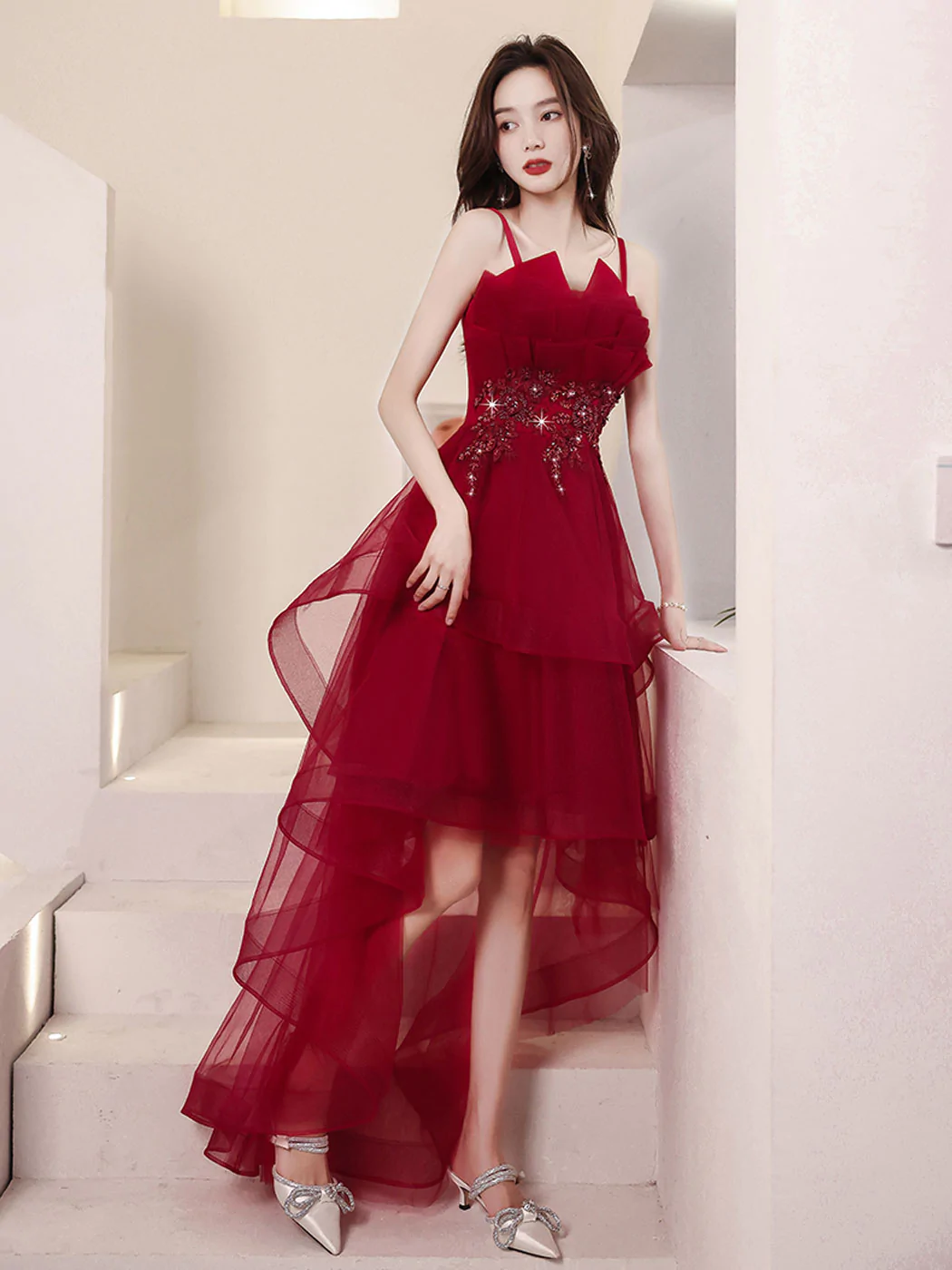 Burgundy High Low Prom Dresses Y258