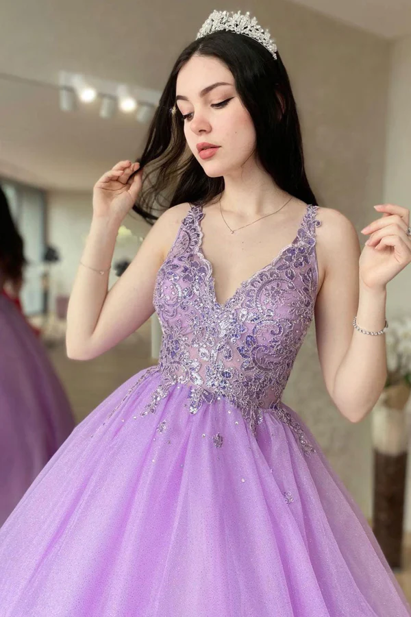 Purple V Neck Tulle Lace Long Prom Dress Purple Tulle Formal Dress Y1093
