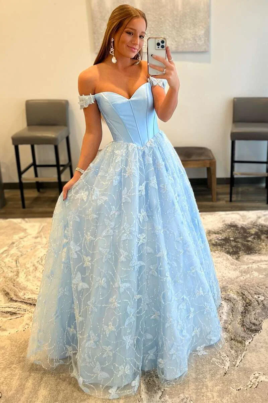 Light Blue Sweetheart Off-the-Shoulder A-line Prom Dress Y1869