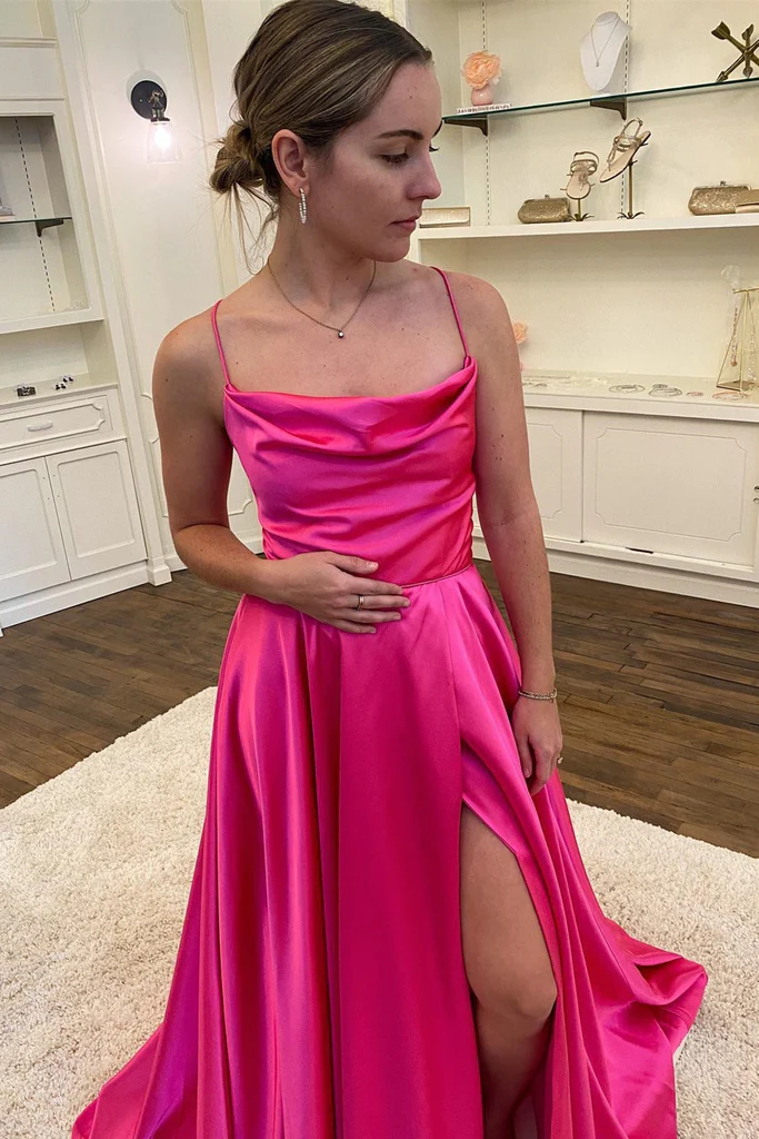 Simple Backless Fuchsia Satin Long Prom Dress with High Slit, Backless Fuchsia Formal Graduation Dress with Pocket Y213