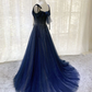 Dark Blue Tulle Sequin Long Prom Dress, Dark Blue Tulle Formal Dress Y523