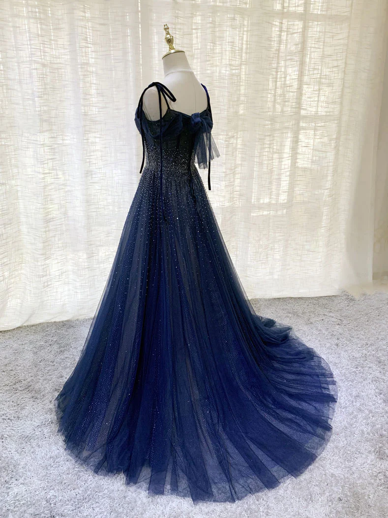 Dark Blue Tulle Sequin Long Prom Dress, Dark Blue Tulle Formal Dress Y523