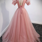 Pink V-Neck Tulle Long Prom Dresses, A-Line Short Sleeve Evening Dresses Y892