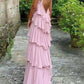 Elegant Halter Chiffon Prom Dress With Layered, Backless Evening Gown Y1232