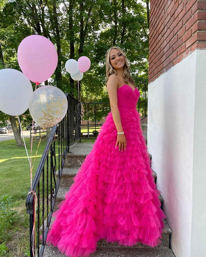 Straps Hot Pink Tiered Layers Long Formal Gown,Charming Hot Pink Sleeveless Prom Dress Y1239