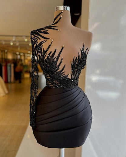 Black Short Evening Dress, Cocktail Party Dress, Beaded Evening Dress, – Simplepromdress