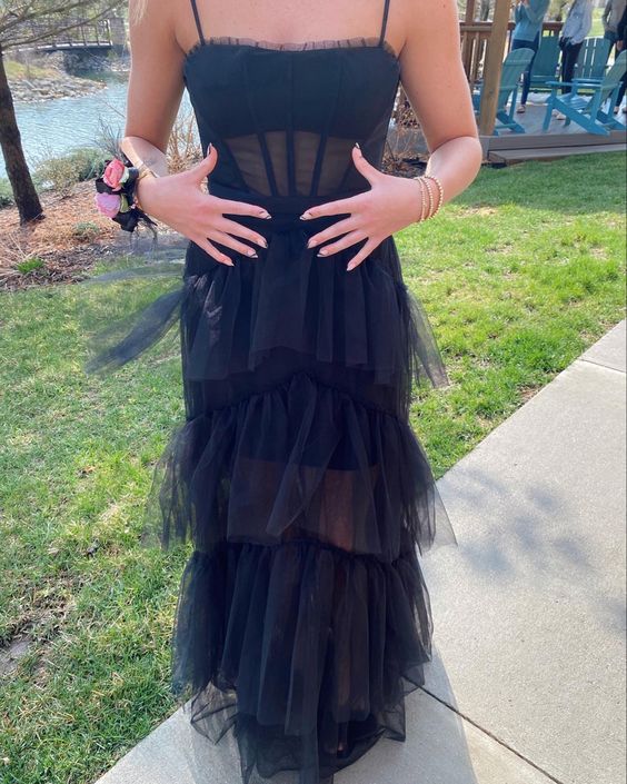 Elegant Black Spaghetti Straps Tulle Prom Dress,New Arrival Prom Dress Y1109