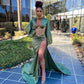 Green Mermaid Prom Dress With High Split Puff Sleeves Long Dress Y65