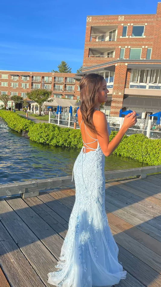 Mermaid Long Baby Blue Lace Prom Dresses Spaghetti Straps Evening Dress Y1733