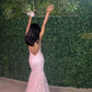 Romantic Pink Backless Sleeveless Lace Mermaid Evening Dresses with Train Y1490
