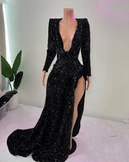 Sexy Black Sequin Mermaid Long Prom Dresses African Girl V-neck With L Simplepromdress Sexy Black Sequin Mermaid Long Prom Dresses African Girl V-neck With L Simplepromdress
