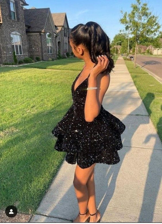 Sexy Black Sparkling Short Cocktail Dresses Back Open Tiered Sequin Graduation Gown Parties Night,Black Homecoming Dress Y1504