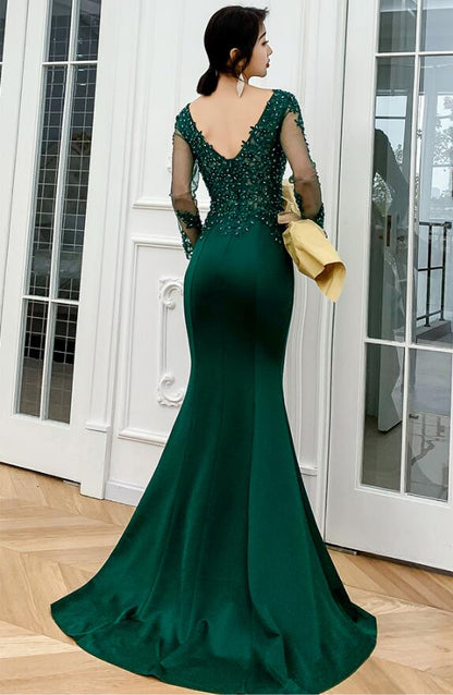 Dark Green Mermaid Beaded and Lace Mermaid Long Evening Dress Y1433