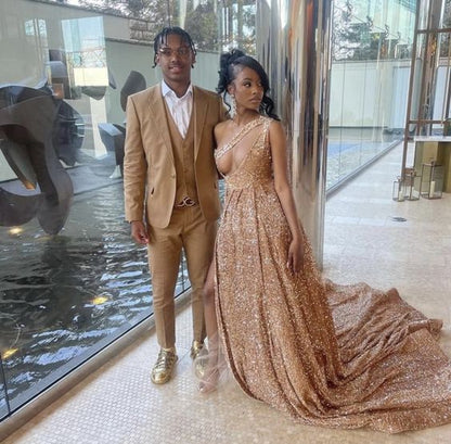 Sparkly Rose Gold Sequin Prom Dress With Train,Sexy Evening Gown Y1436