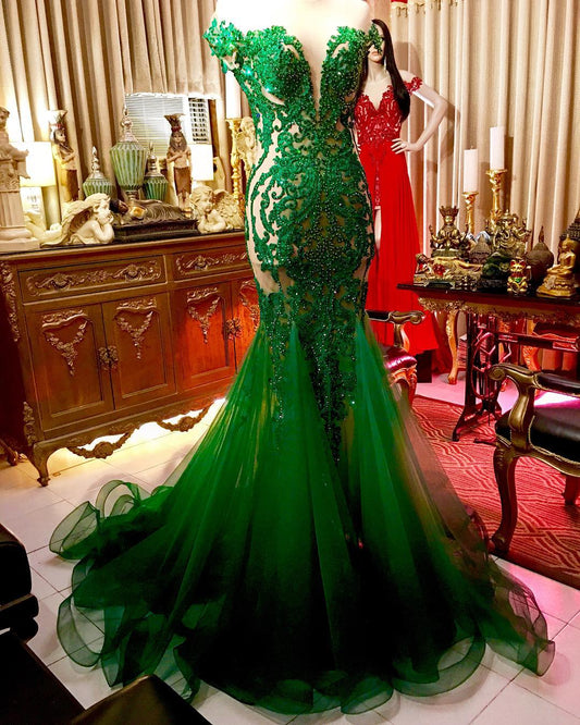 Illusion Back Green Mermaid Prom Dress with Beading Y1361