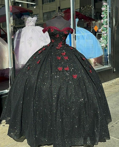 Glitter Black With Burgundy Butterflies Quinceanera Dress Sweet 16 Dre Simplepromdress Glitter Black With Burgundy Butterflies Quinceanera Dress Sweet 16 Dre Simplepromdress