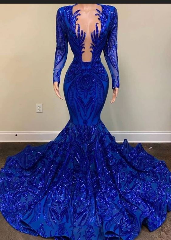 Royal Blue mermaid prom dress,Deep v mermaid sequin lace prom dress,Af