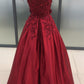 Dark Red Satin Off Shoulder Lace Applique Floor Length Prom Dress, Wedding Guest Formal Gowns, Off shoulder Party Dress,Custom Made Y1572
